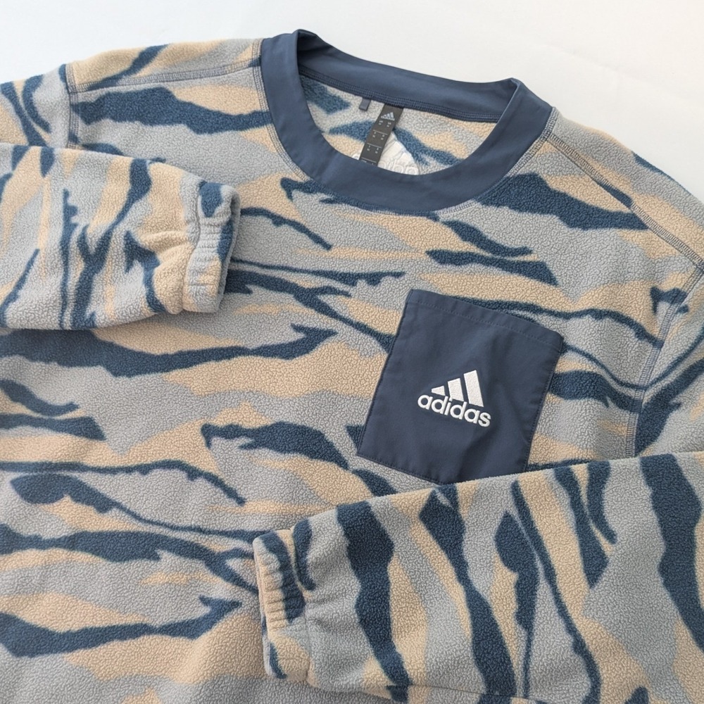 Adidas‎ HS0265 Mens M Blue Tan Tiger Camo Fleece Crewneck Sweatshirt Pullover